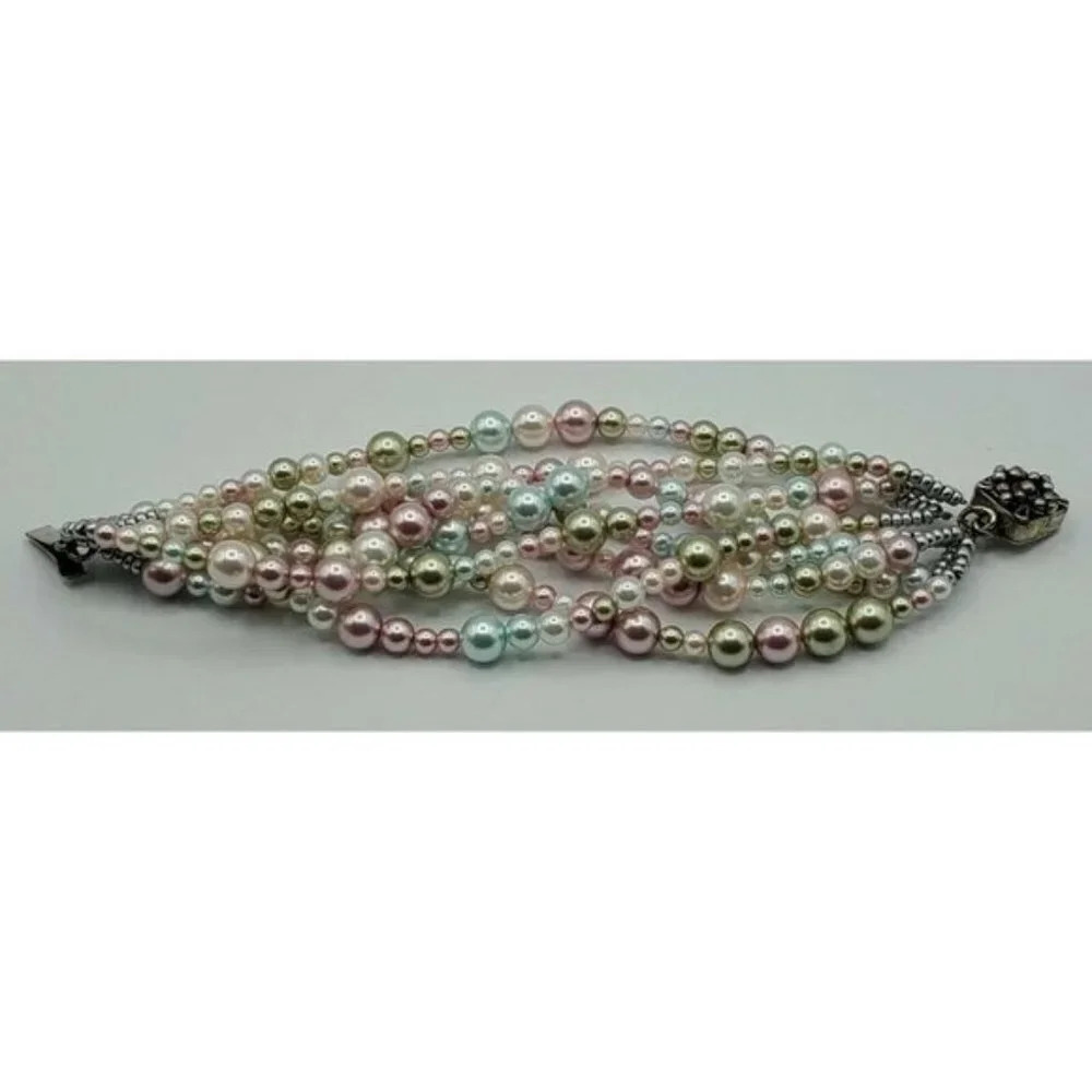 Vintage? Faux Pastel Pearls 8 Strand Bracelet Sterling ? Detail Clasp - Picture 7 of 8